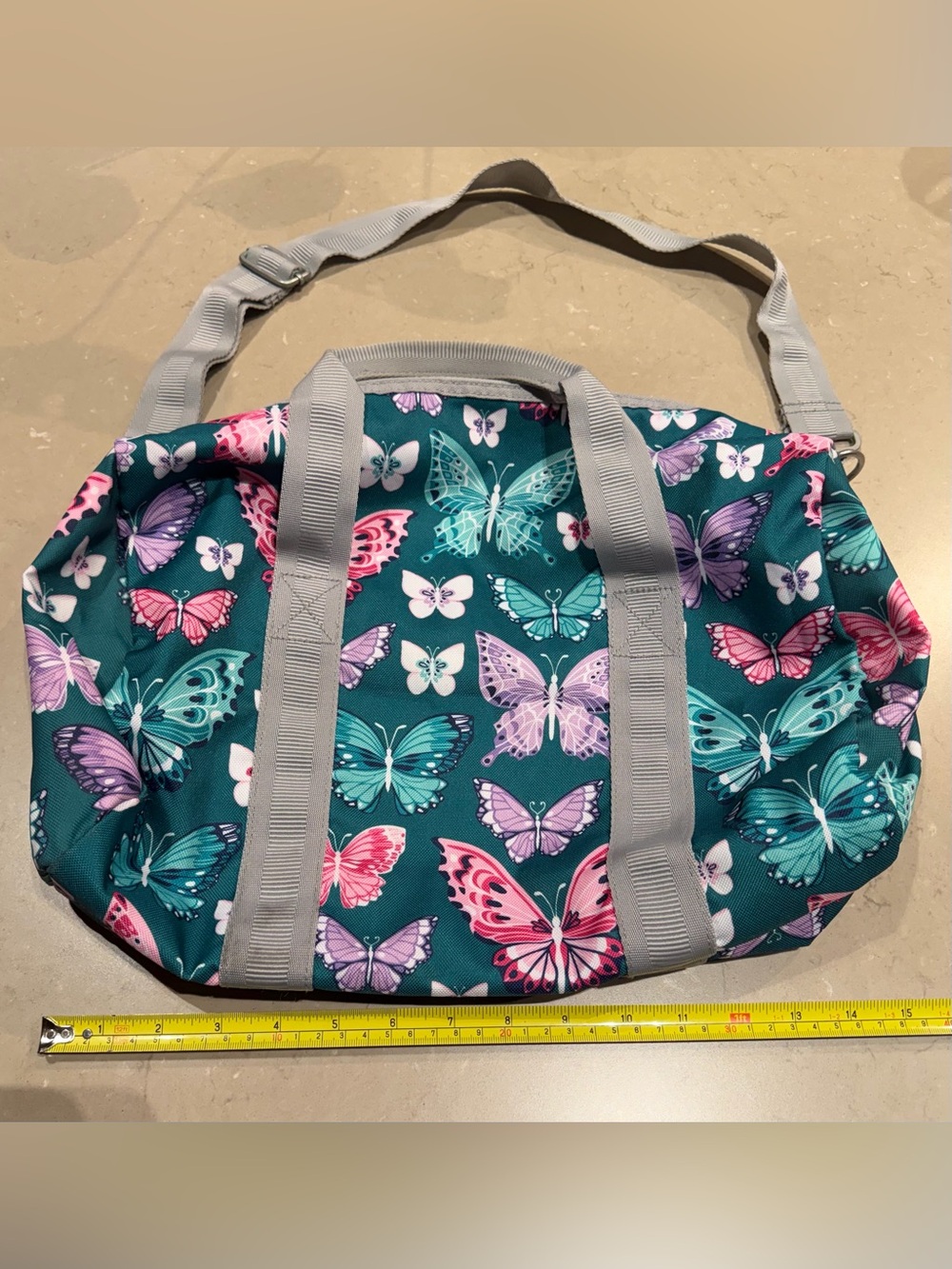 Pottery Barn Kids Mackenzie Duffel Bag Teal Butterfly Print Tote  Gray Straps